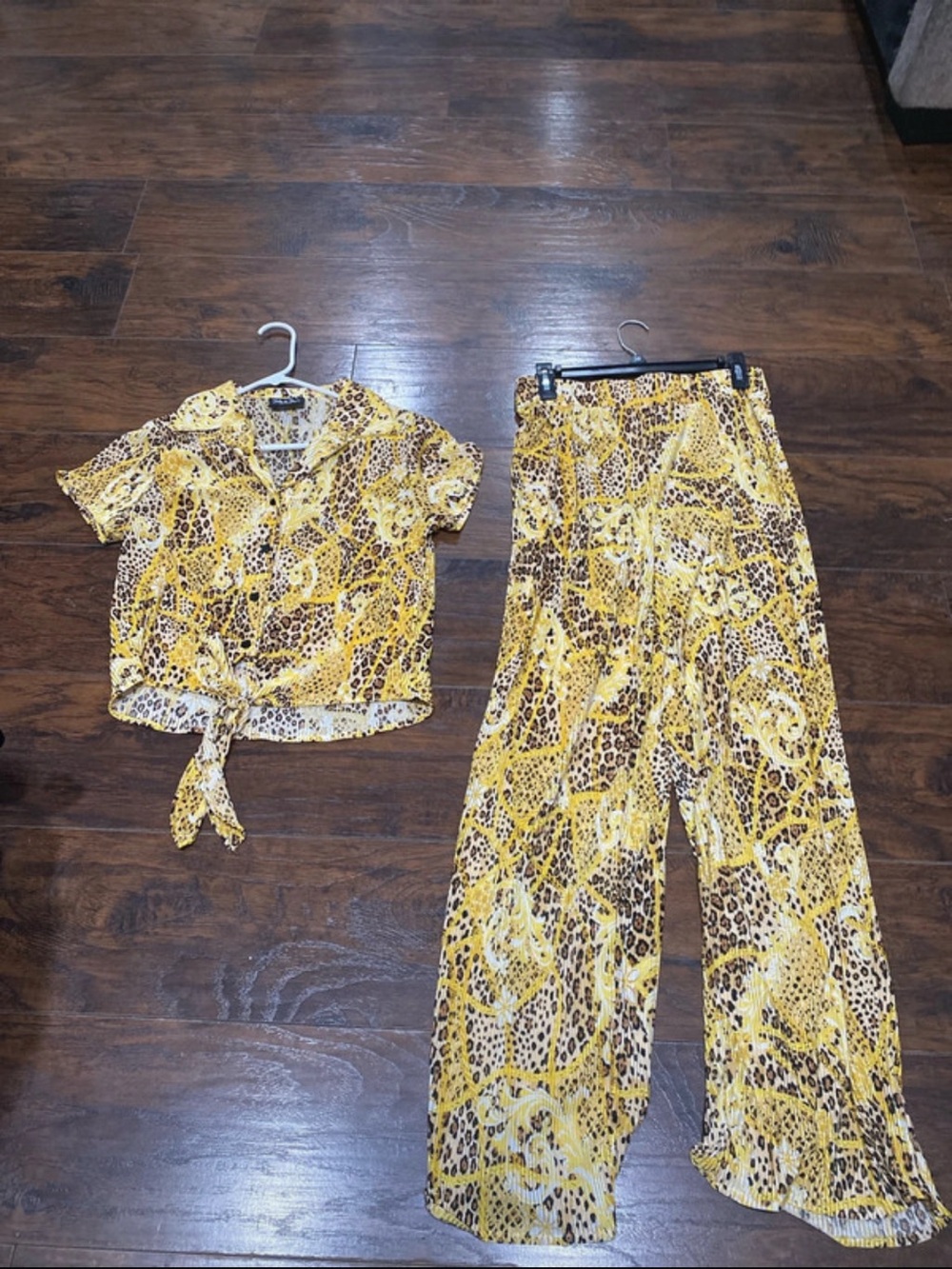 Yellow Animal-Print Wide Leg Pants with Matching Tie-Front Top